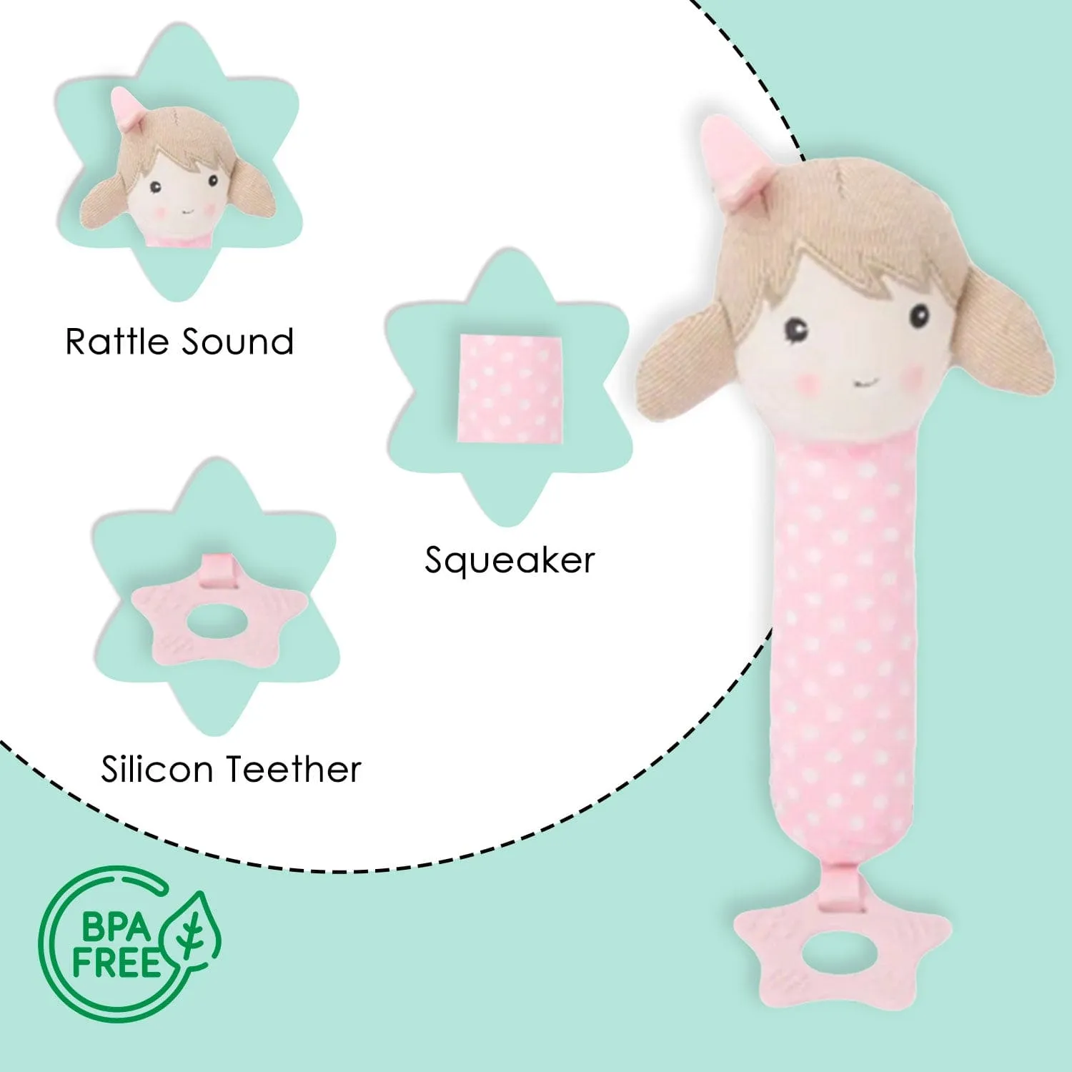 Baby Moo Pigtail Doll Squeaker With Teether Handheld Rattle Toy - Pink