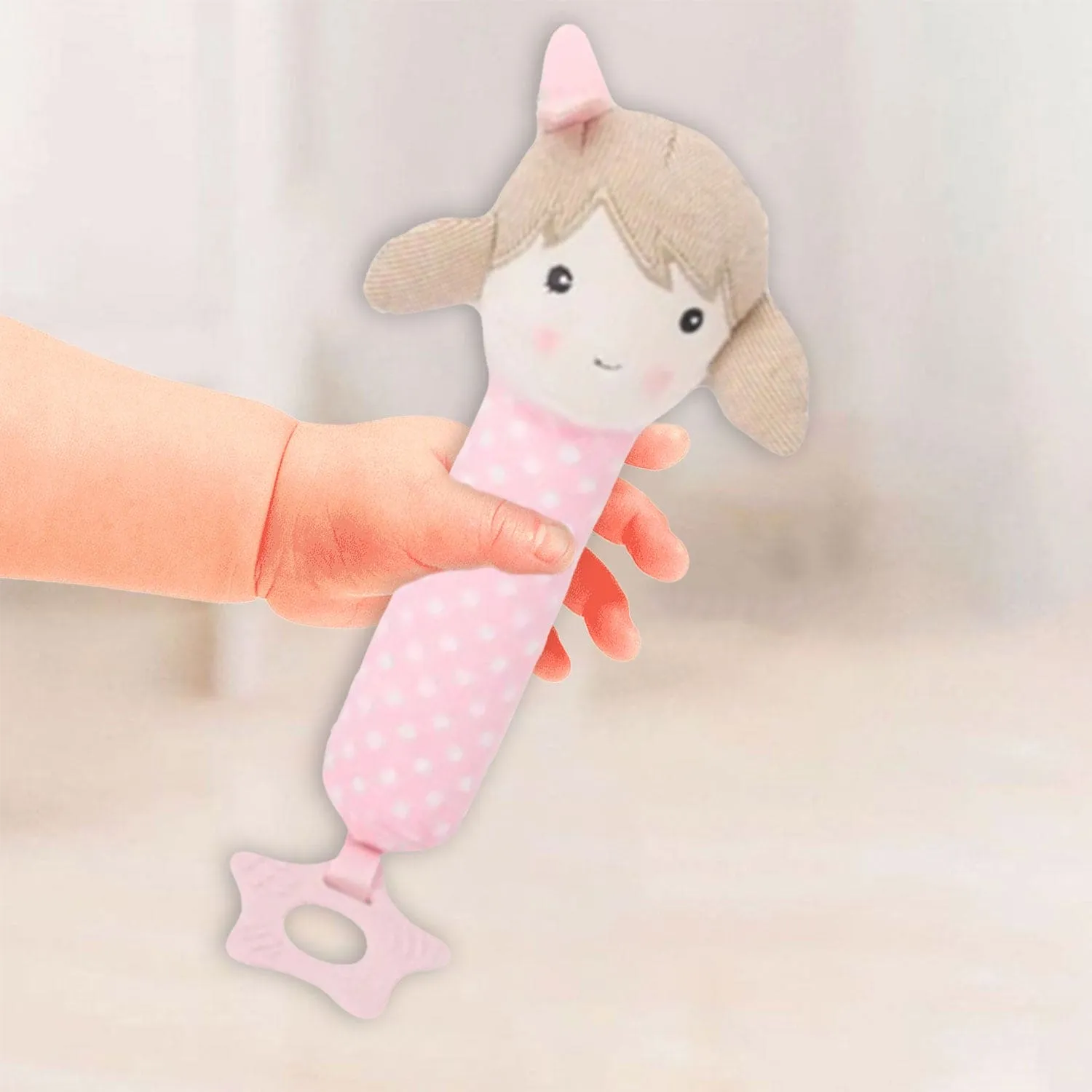 Baby Moo Pigtail Doll Squeaker With Teether Handheld Rattle Toy - Pink