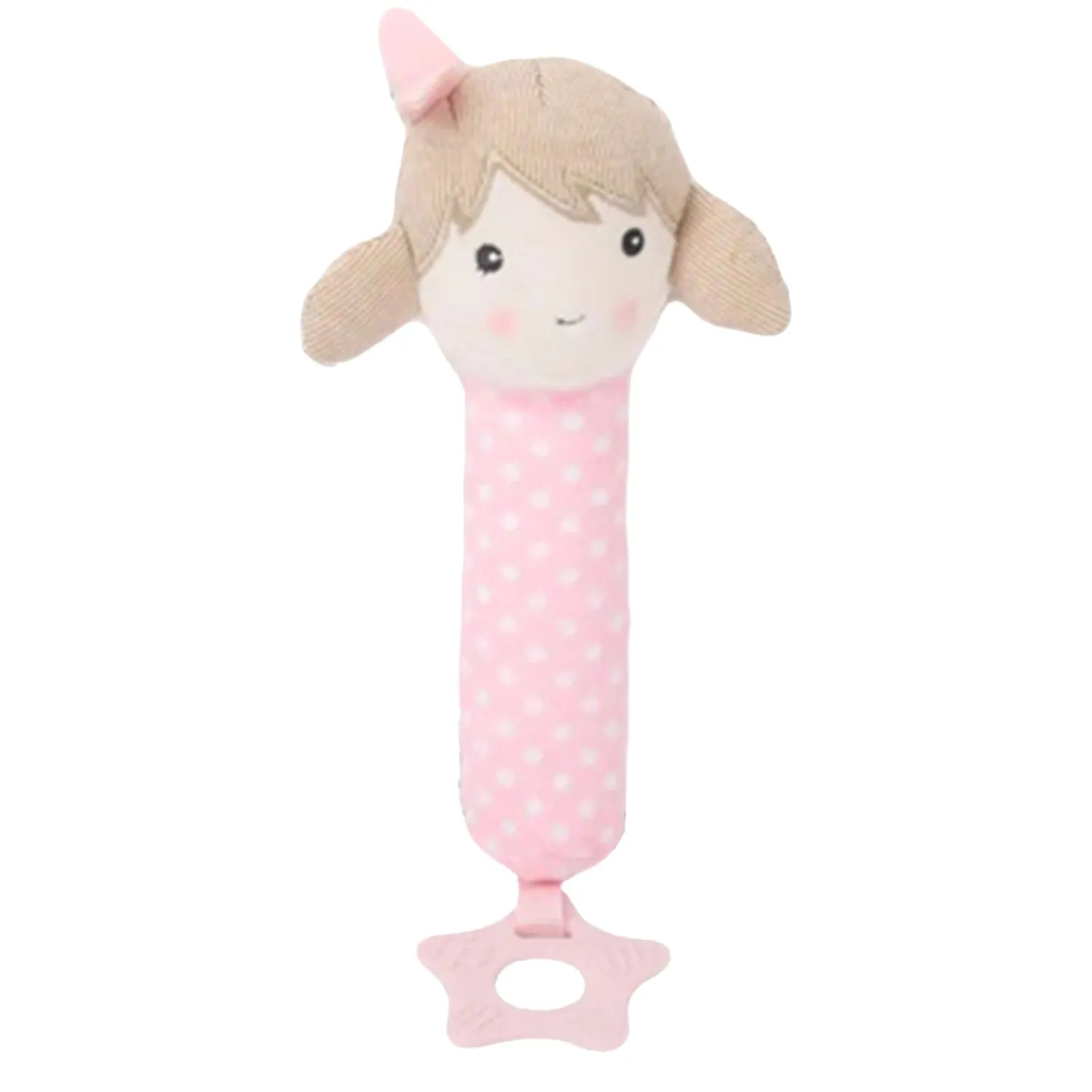 Baby Moo Pigtail Doll Squeaker With Teether Handheld Rattle Toy - Pink