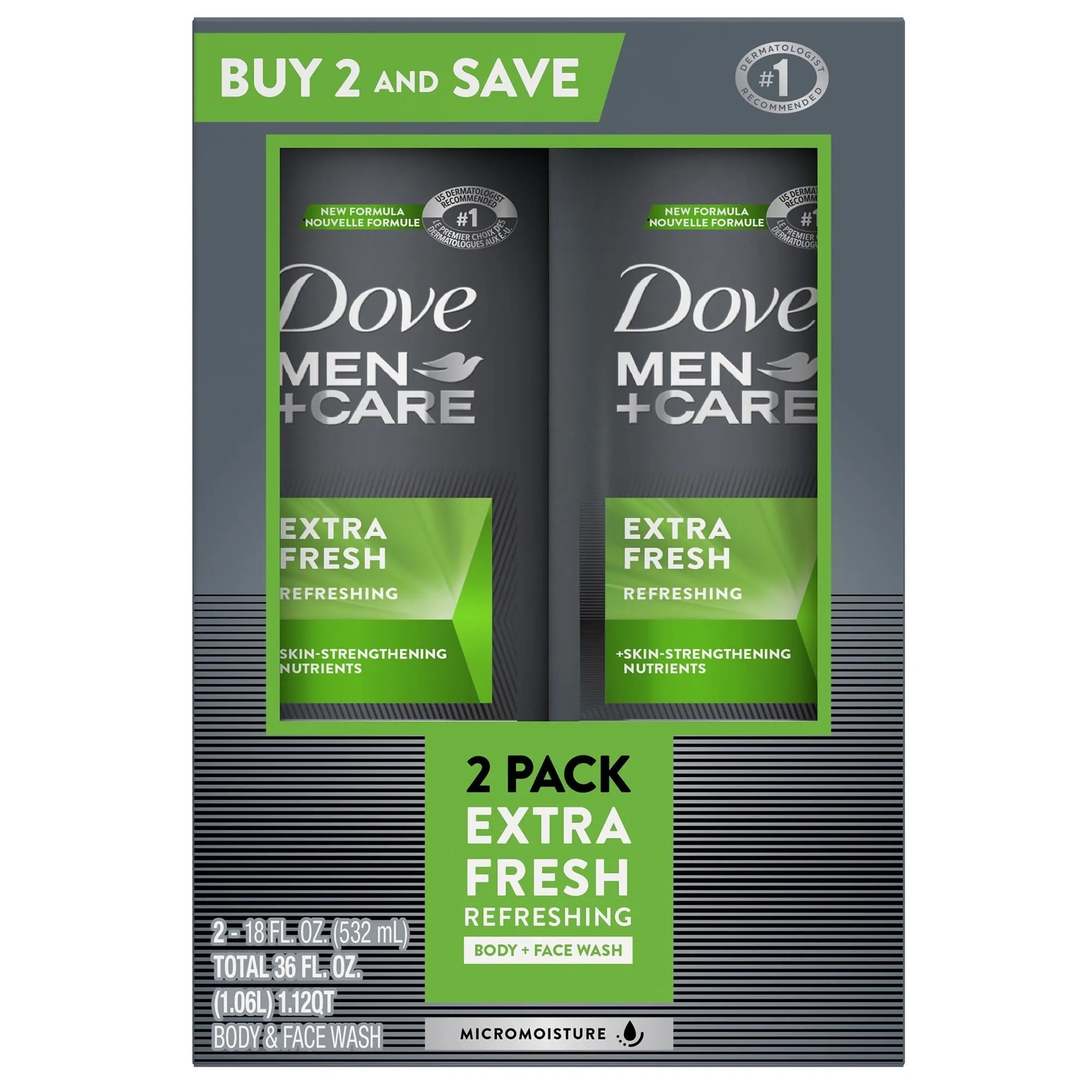 Dove Men Care Extra Fresh Refreshing Hydrating Face and Body Wash Twin Pack, 18 fl oz