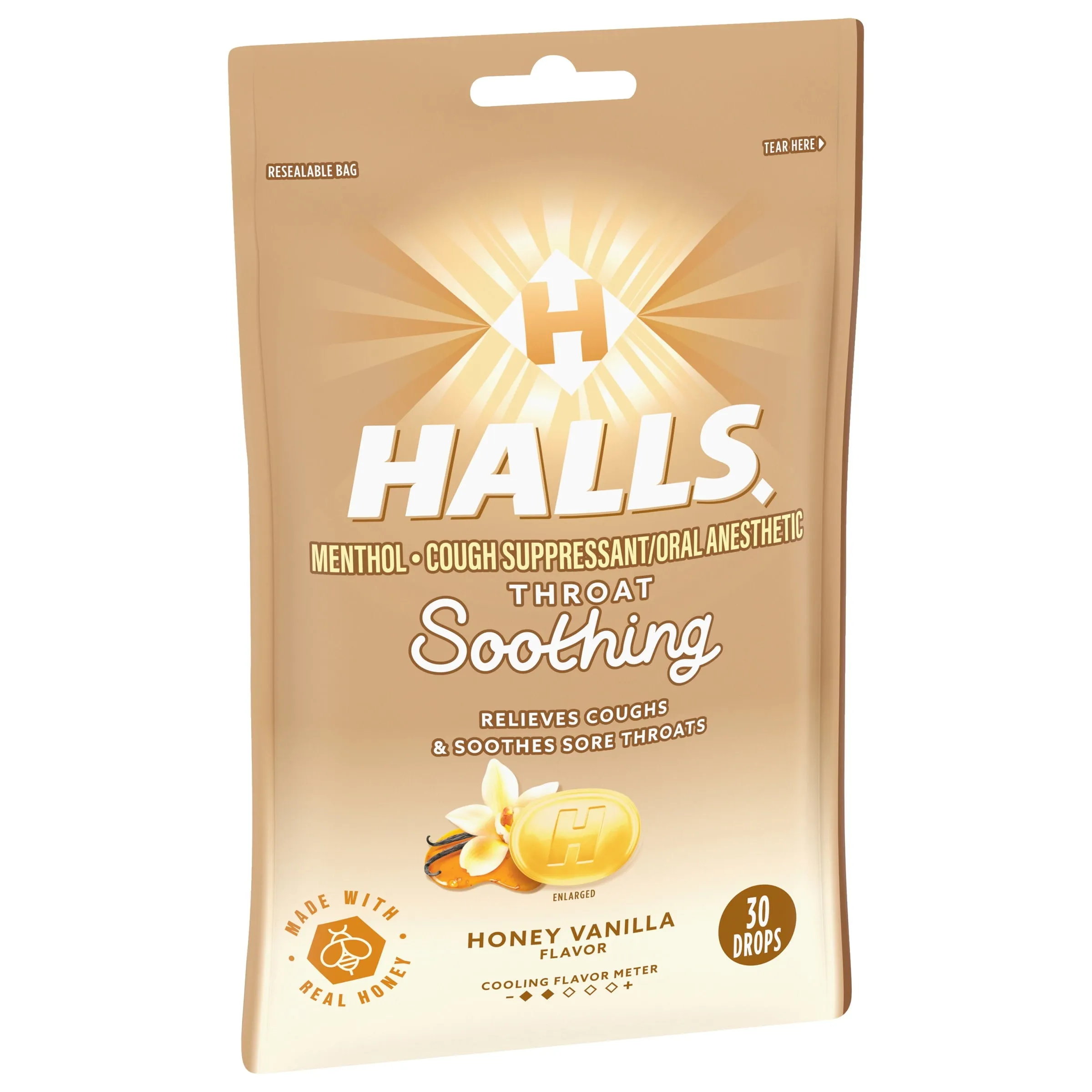 HALLS Throat Soothing Honey Vanilla Cough Drops, 30 Drops