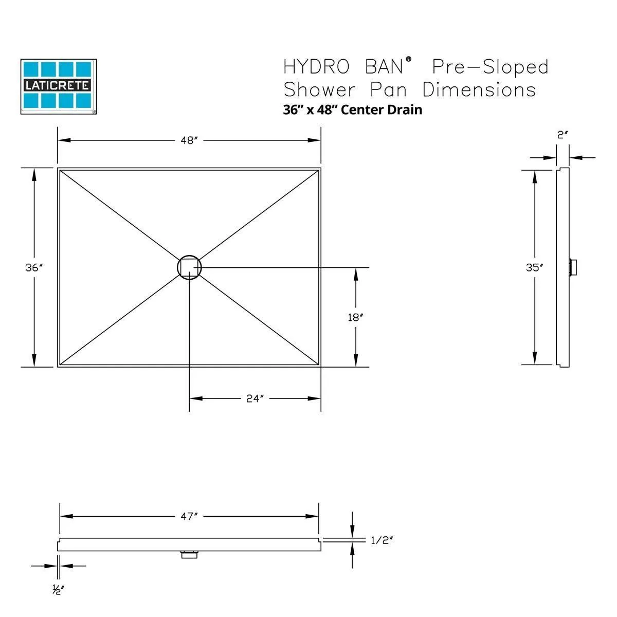 Laticrete Hydro Ban Pre-Sloped Shower Kit - 36" x 48" Center Drain BRASS