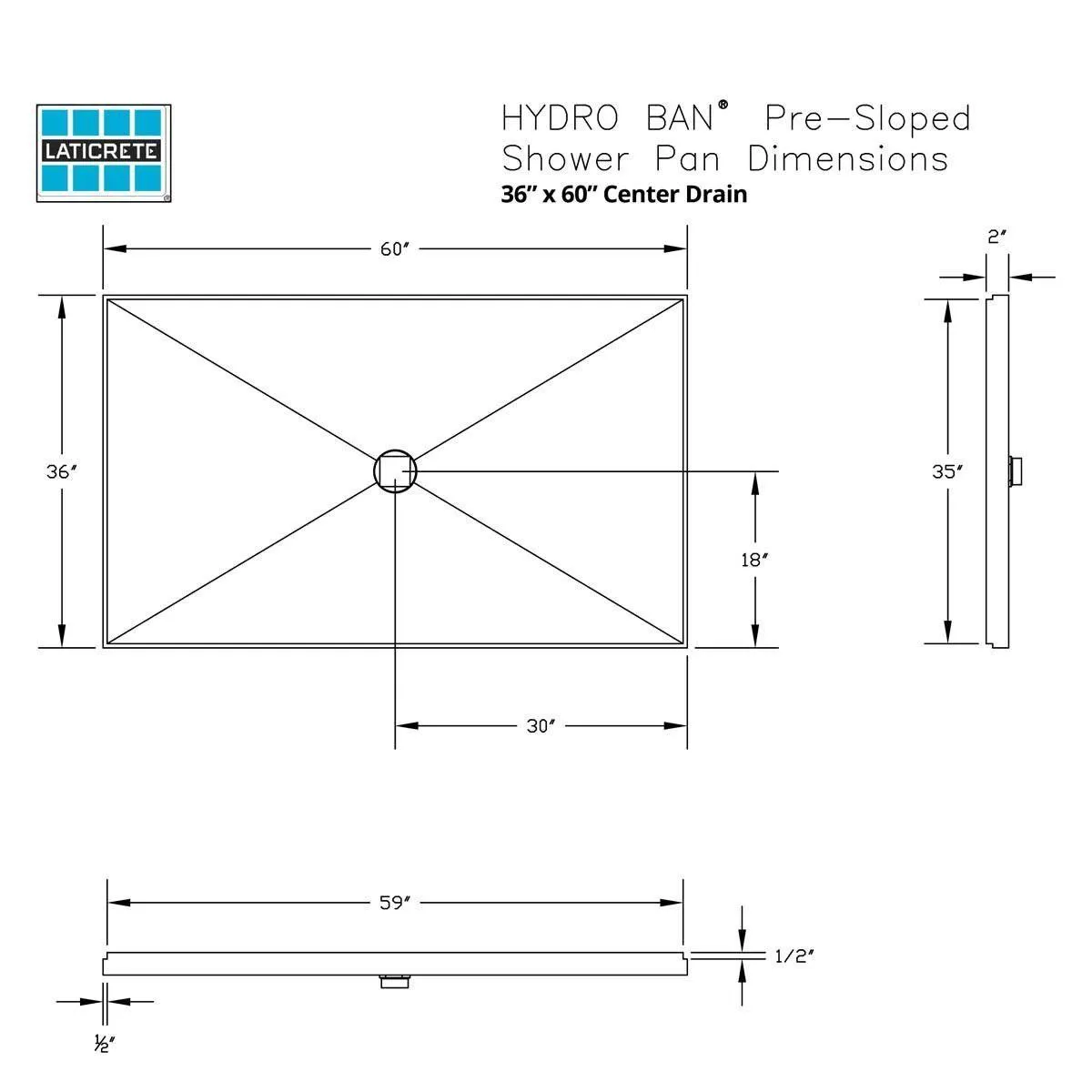 Laticrete Hydro Ban Pre-Sloped Shower Kit - 36" x 60" Center Drain BRASS