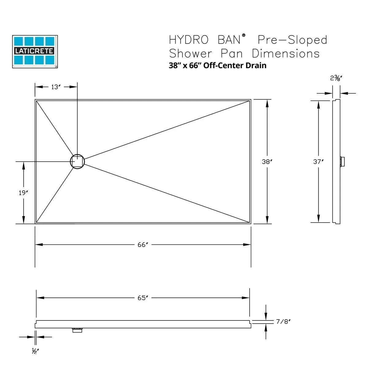 Laticrete Hydro Ban Pre-Sloped Shower Kit - 38" x 66" Off Center Drain BRASS