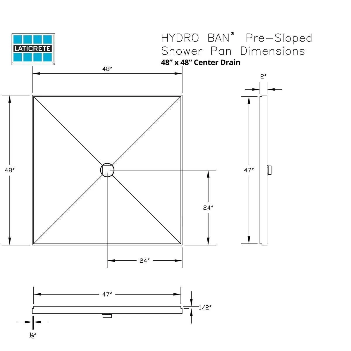 Laticrete Hydro Ban Pre-Sloped Shower Kit - 48" x 48" Center Drain BRASS