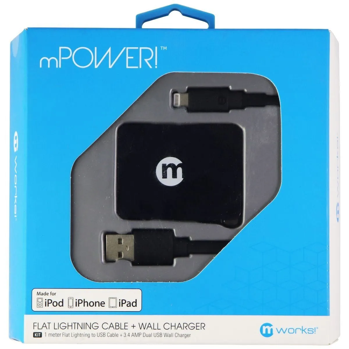 mworks! mPower! Flat 8-Pin Cable and Wall Charger for iPhone/iPad/iPod - Black