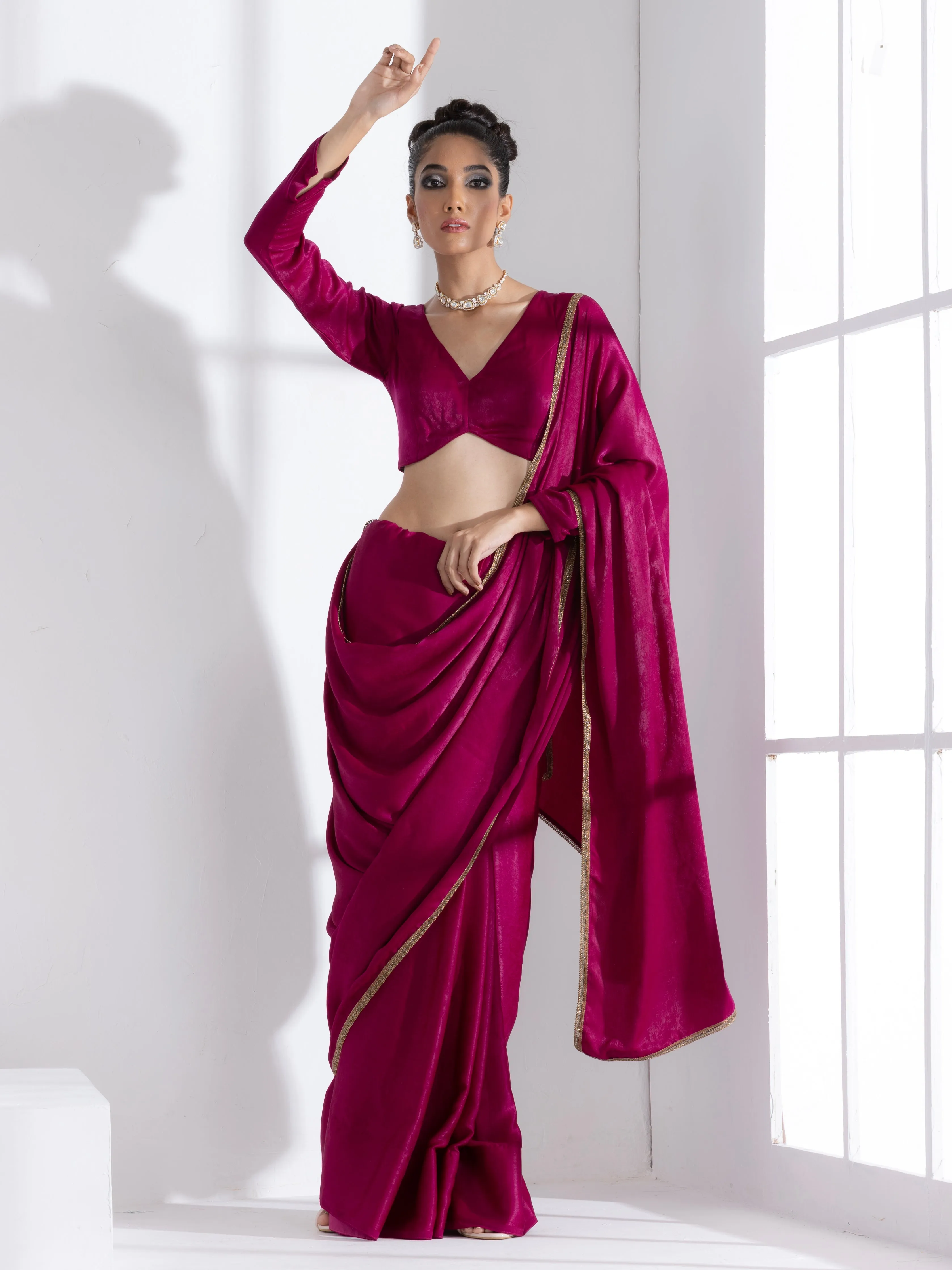 Posh Wine Saree with Bronze Lace and Self Blouse Fabric