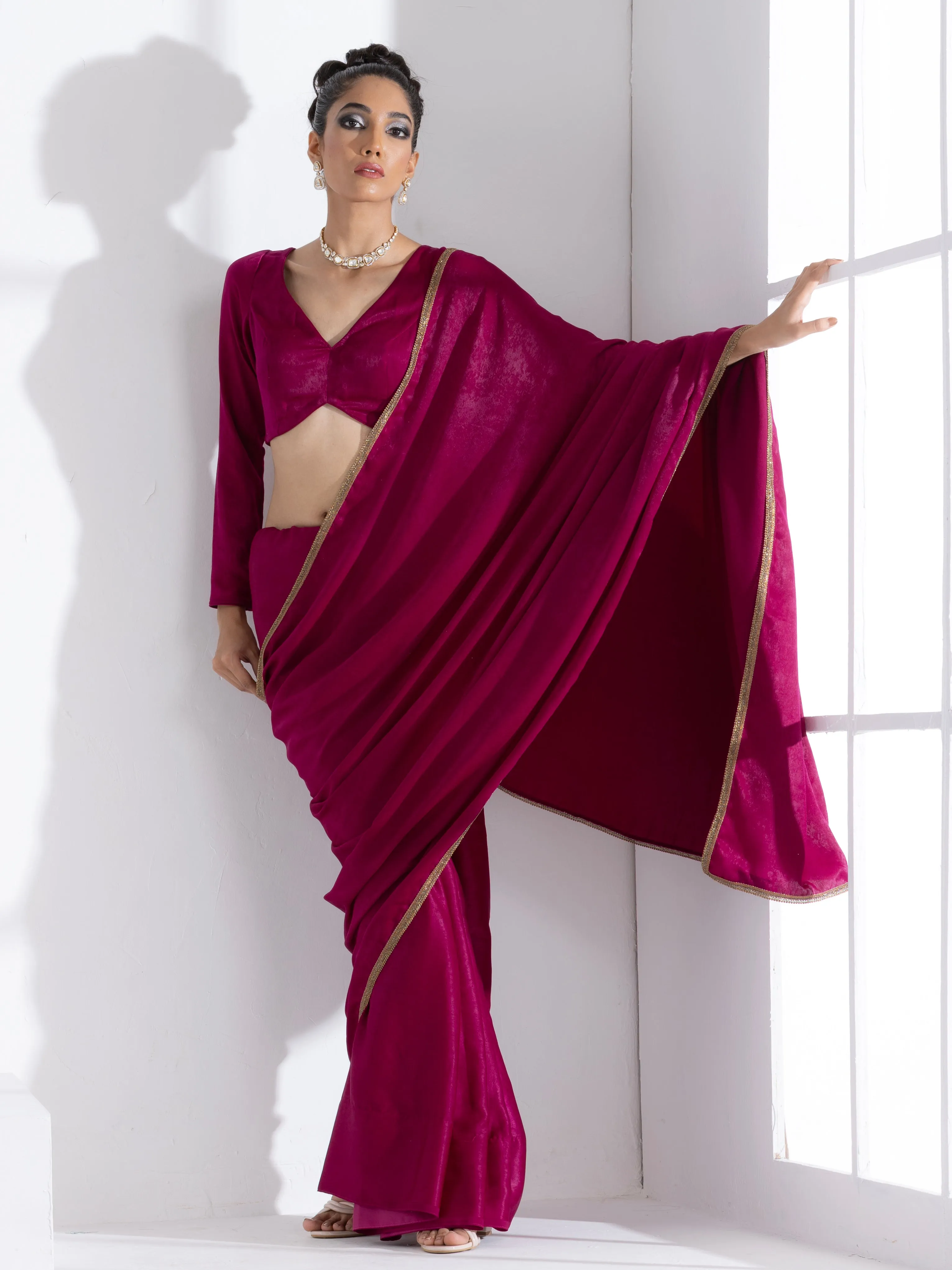 Posh Wine Saree with Bronze Lace and Self Blouse Fabric