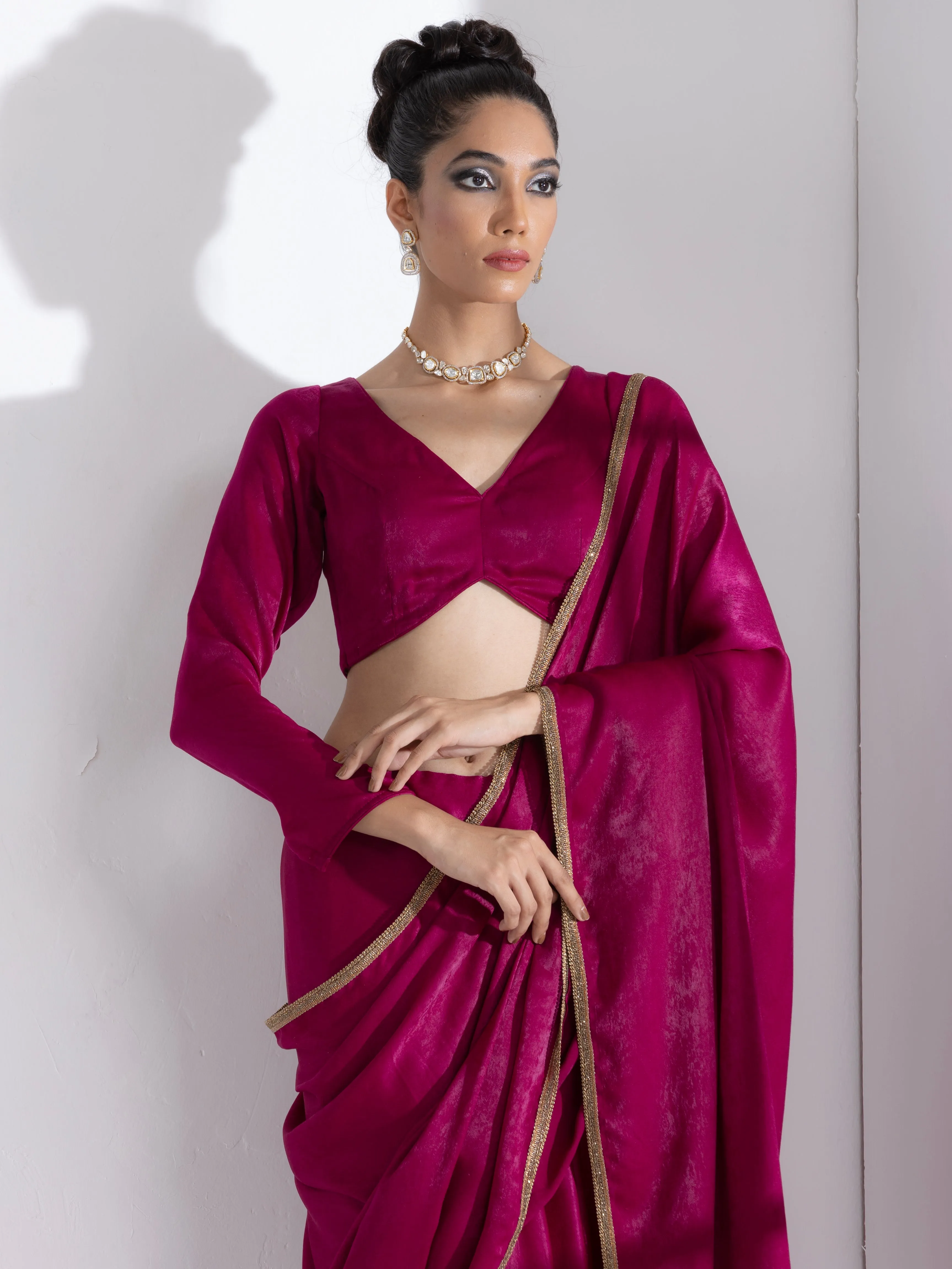 Posh Wine Saree with Bronze Lace and Self Blouse Fabric