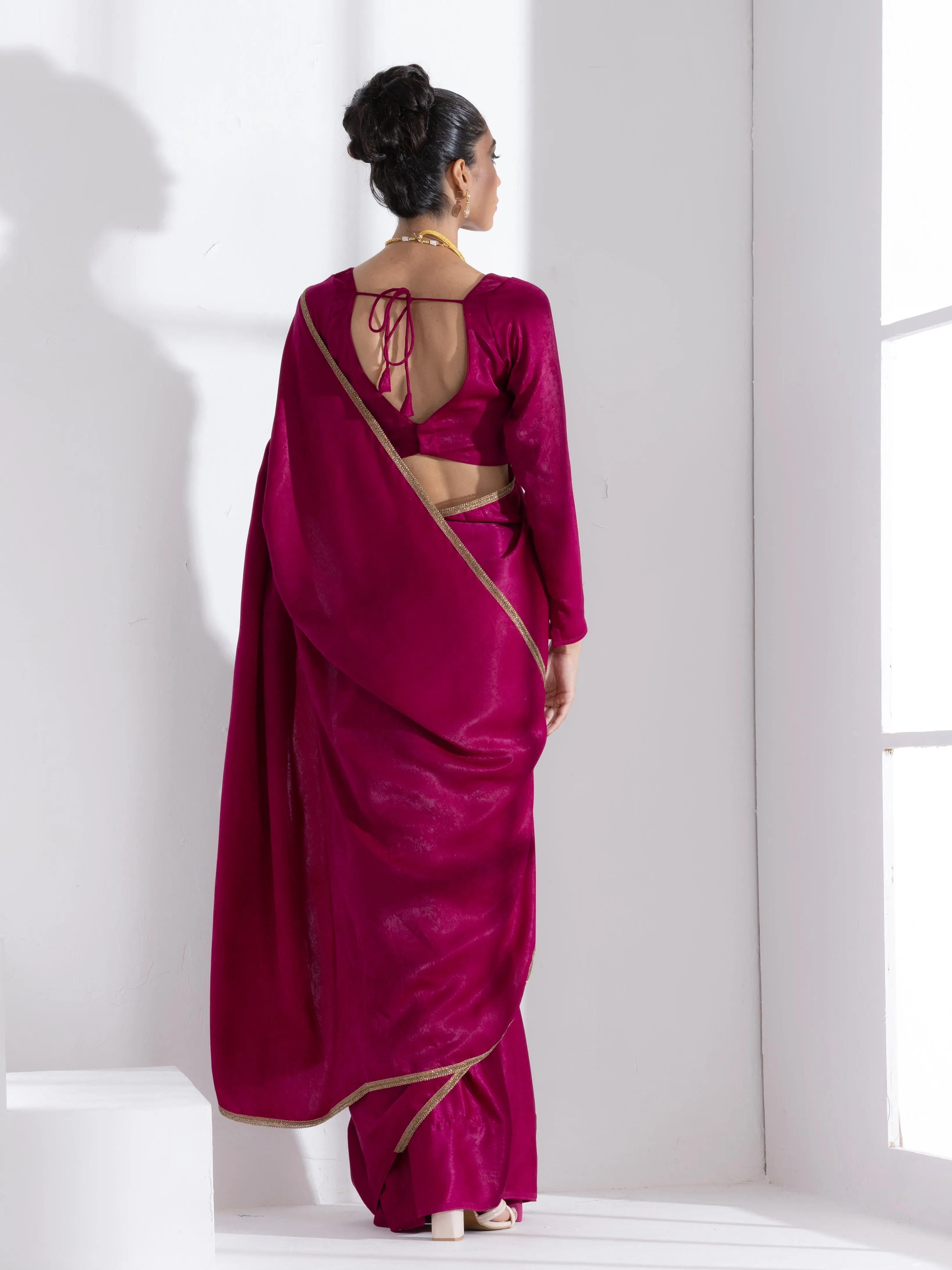 Posh Wine Saree with Bronze Lace and Self Blouse Fabric