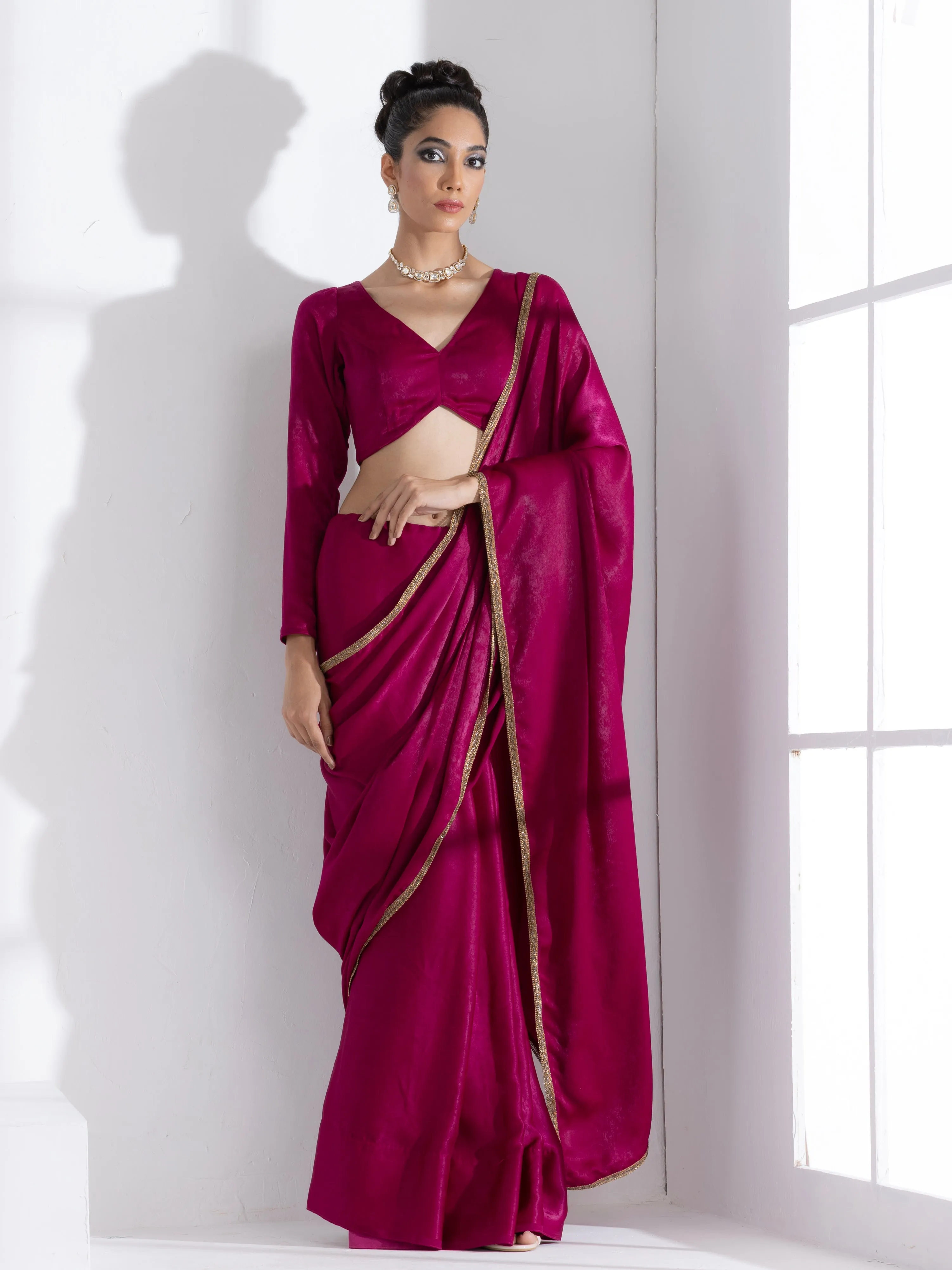 Posh Wine Saree with Bronze Lace and Self Blouse Fabric