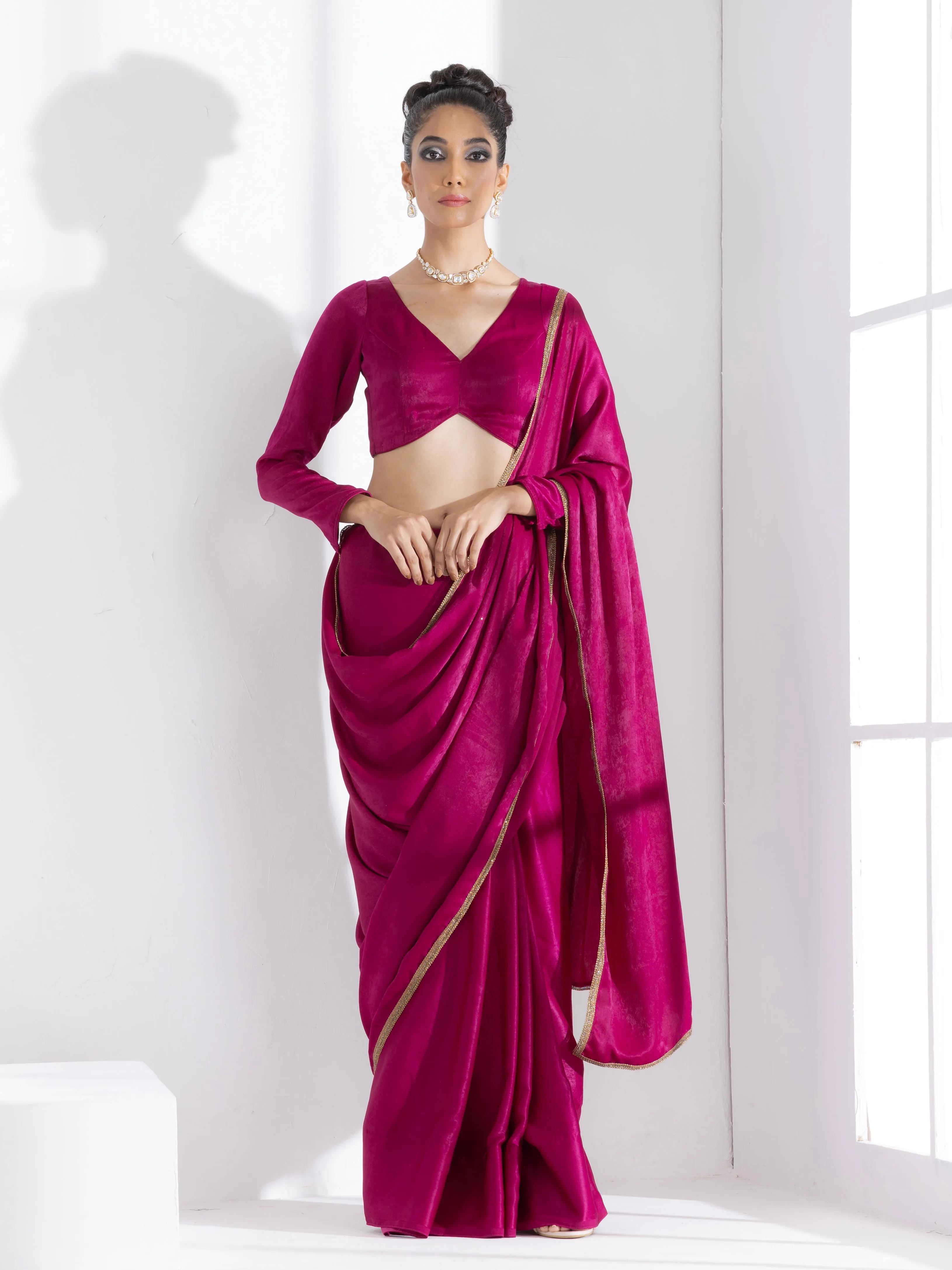 Posh Wine Saree with Bronze Lace and Self Blouse Fabric